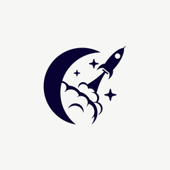 Modern Moon with Rocket Logo Icon Vector