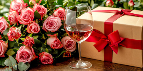 A captivating closeup of rose wine with an assortment of delicate pink roses and a classic gift box tied with a red ribbon
