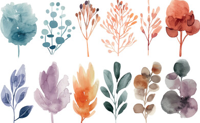 Set of watercolor leaves, pastel colors, for design, clipart