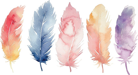 Set of watercolor pastel colors feathers isolated on white
