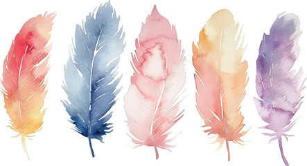 Set of watercolor pastel colors feathers isolated on white © Iryna