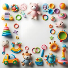 Obraz premium AI Generate of A Kid Toys, Baby Toys, Toddler Toys, Toys with white area for copy text in the middle. Top View. Flat Lay. White Background.