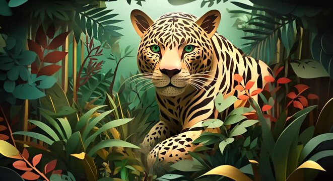 Minimalist illustration of a jaguar in a jungle, realistic paper-cut style, 3D render,