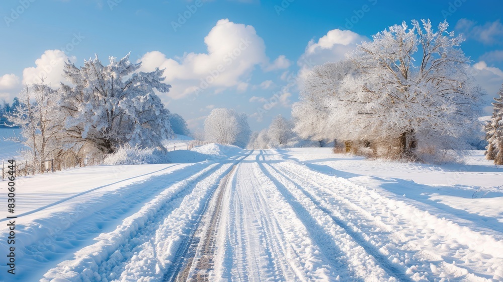 Wall mural Road covered in snow under clear blue sky with fluffy clouds and snow covered trees along the way