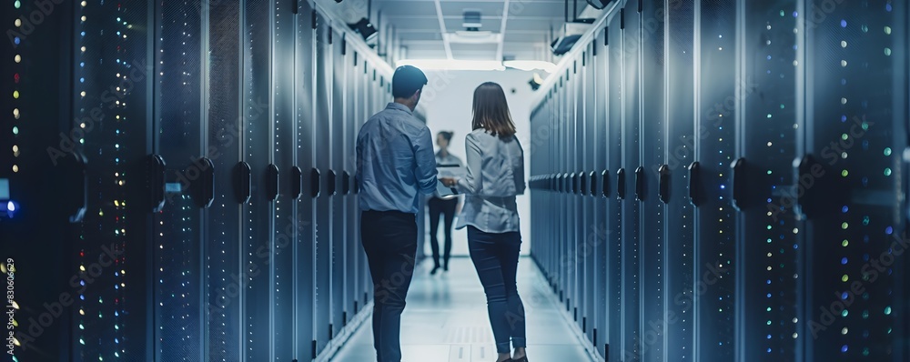 Poster it specialists collaborating to troubleshoot server infrastructure in data center