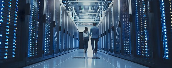 IT Specialists Troubleshooting Server Racks in Data Center for Optimal Solutions