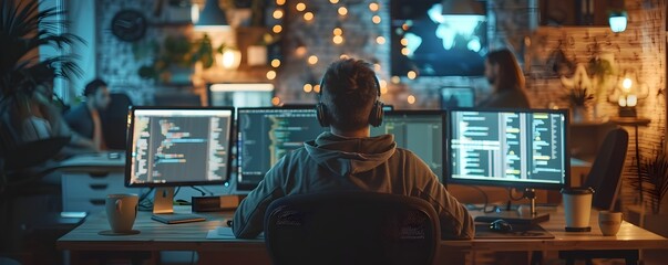 Software Developers Coding in Open Plan Office with Multiple Screens for Collaborative Team Concept