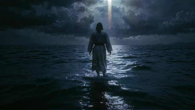 A Jesus in a long white robe is walking on a dark sea toward a bright light in the distance.