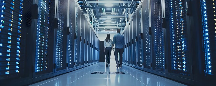 IT Specialists Troubleshooting Server Racks in Data Center for Optimal Solutions