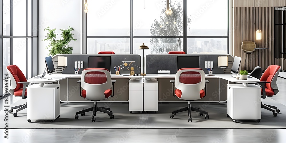 Poster modern ergonomic office furniture integrating digital communication tools for efficient networking a