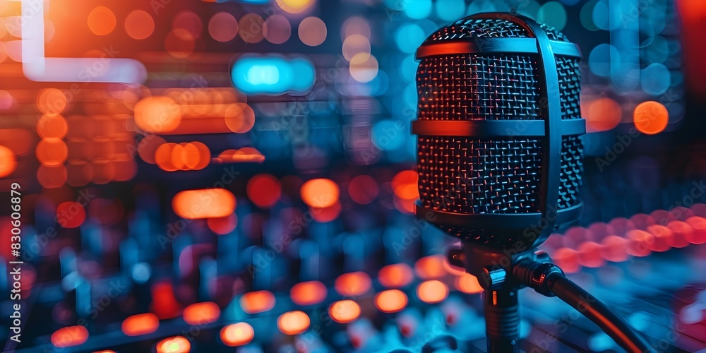 Poster vibrant podcast studio setting for technology networking and digital communication in business