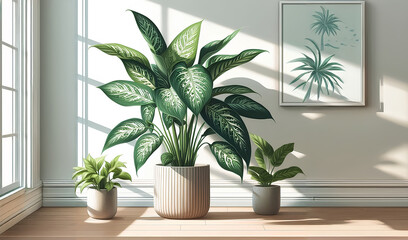 Dieffenbachia Ornamental plants are planted in pots and placed next to the window in the corner of the house.