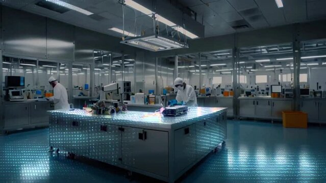 A laboratory with two scientists in white coats working at a table with computers and scientific equipment.