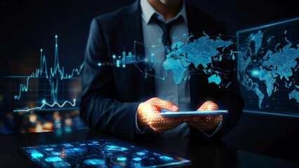 A man in a suit is holding a tablet with a glowing blue world map and graphs on it. - Powered by Adobe