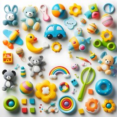 AI Generate of Assorted Kid Toys, Baby Toys, Toddler Toys, Toys. Top View. Flat Lay. White Background.