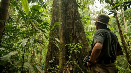 A man in a hat and outdoor gear observes a massive ancient tree in a lush rainforest, emphasizing nature exploration.