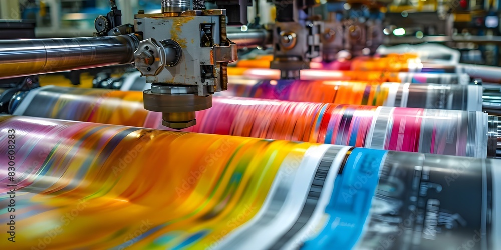 Poster offset printing press in action producing colored newspapers. concept print production, offset print