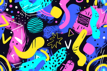 A vibrantly colored abstract digital artwork with neon hues and playful patterns