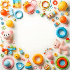 AI Generate of A Kid Toys, Baby Toys, Toddler Toys, Toys with white area for copy text in the middle. Top View. Flat Lay. White Background.