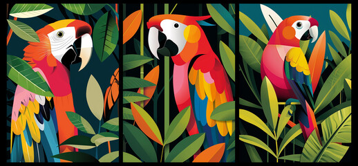 set of colorful perrots in the jungle illustration