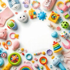 AI Generate of A Kid Toys, Baby Toys, Toddler Toys, Toys with white area for copy text in the middle. Top View. Flat Lay. White Background.