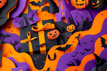 Vibrant Halloween paper art featuring pumpkins, bats, and witches on a dynamic orange and purple background