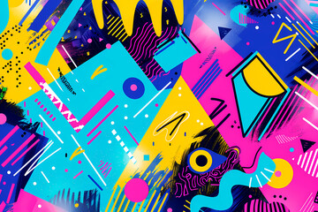 An energetic and bright abstract image that combines graffiti elements with a vivid geometric background