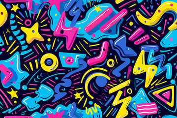 Colorful and energetic abstract seamless pattern emulating the style of graffiti art with various shapes and lines