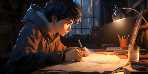 Chill anime lofi boy studying at desk with atmospheric 4K wallpaper. Concept Anime, Lofi, Study, Desk, Wallpaper