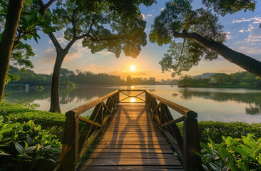 A wooden bridge over the lake, with lush greenery and trees on both sides.