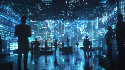 Futuristic technology concept. Team of artificial intelligence software engineers and finance workers in financial stock market that is digitalized with graphics into digital twin of finance Industry