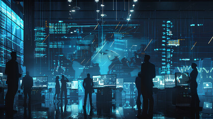 Futuristic technology concept. Team of artificial intelligence software engineers and finance workers in financial stock market that is digitalized with graphics into digital twin of finance Industry