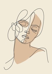 Abstract line art portrait of a woman's face with neutral tones. Modern minimalist style artwork, capturing emotion and elegance.