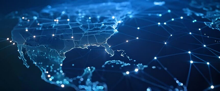 Digital world map, America pulsating as the heart of global tech research and development,