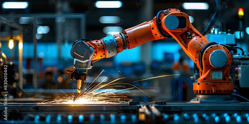 Aufkleber robotic arm in a factory workshop sparks during automated production in a manufacturing setting. con