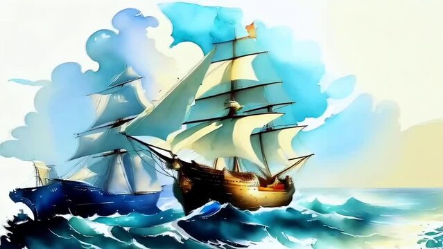 Animation of two-masted ship at sea on waves in sunny summer day