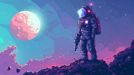 A pixel art space explorer in a spacesuit with a helmet, holding a futuristic blaster, standing on a small alien planet. , character concept, pixel art, isolated design