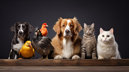 Group of pet isolated on background, Dog, Cat, Bird, Rabbit, Hamster, Gold fish, Photo shot - Powered by Adobe