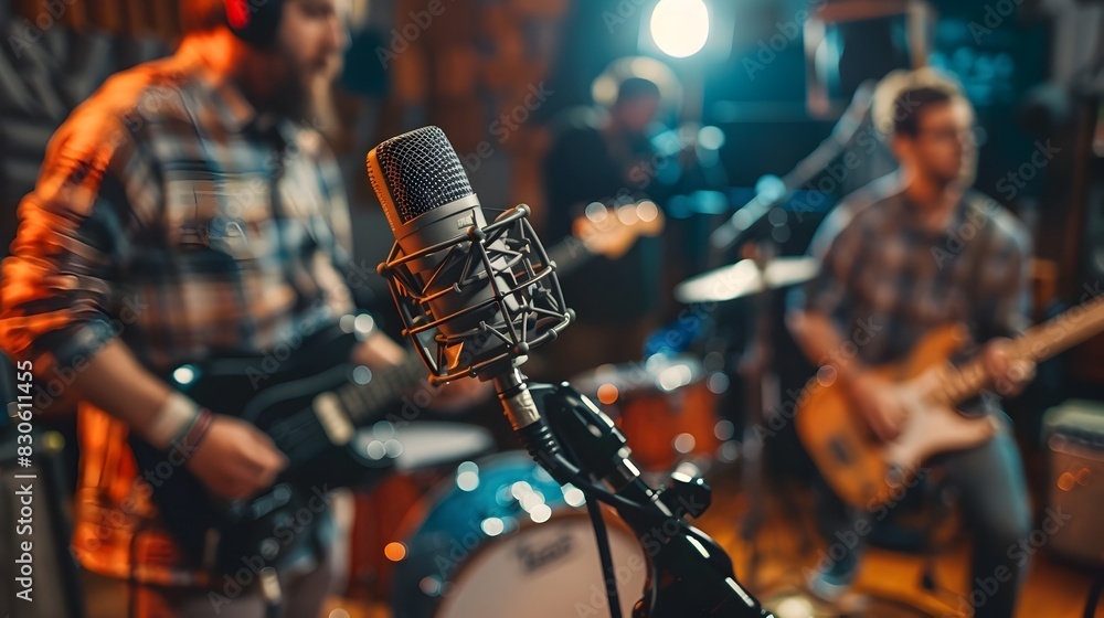 Poster musicians collaborating in a recording studio with instruments and microphones for a team concept wi
