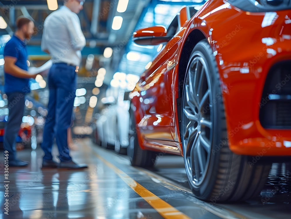 Aufkleber automotive engineers collaborating on car testing and development in advanced facility