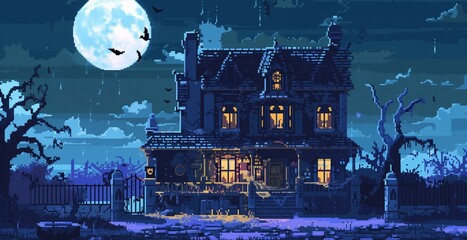 A pixel art haunted house with boarded-up windows, eerie lighting, and spooky decorations. , assets, pixel art