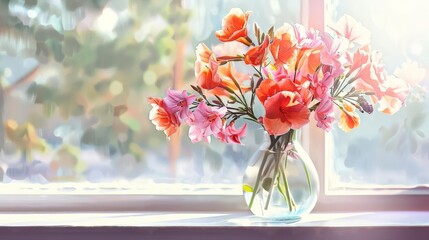 A cute water color of a freesia, with delicate blossoms, in a glass vase, on a sunny windowsill, in a coastal cottage, Clipart isolated on white