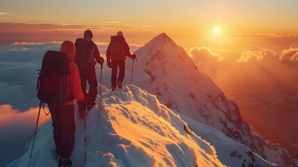Hikers Conquering a Snow Capped Mountain Amidst a Breathtaking Sunrise Scenery