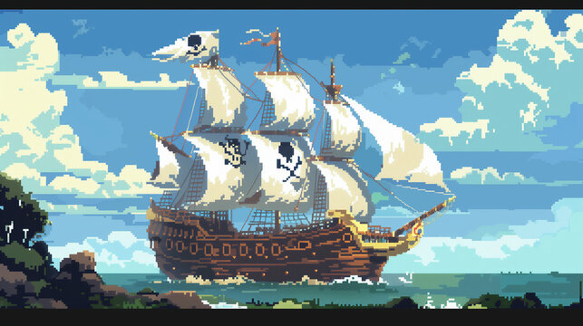 A pixel art pirate ship with sails, cannons, and a skull and crossbones flag. , assets, pixel art