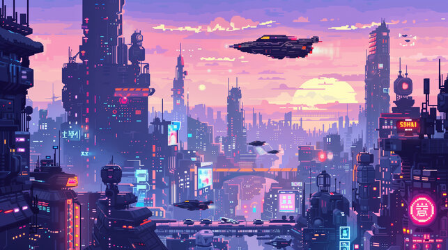 A pixel art futuristic cityscape with towering skyscrapers, flying cars, and neon lights. , assets, pixel art