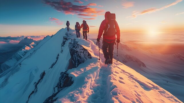 Intrepid Hikers Conquer Snow Capped Mountain Peak at Radiant Sunrise on Thrilling Outdoor Adventure