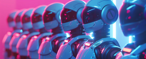 A group of humanoid robots in different poses on a blue background, in the style of AI and technology concept with artificial intelligence. Soft neon light reflection on the robot's faces. 3D renderin