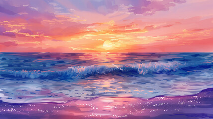 A vibrant sunset over a calm ocean with gently lapping waves , watercolor style