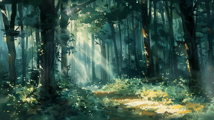dense forest with towering trees and dappled sunlight filtering through the leaves , watercolor style