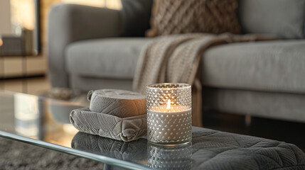 A unique patterned glass candle on a transparent glass bench, accompanied by a cozy gray fabric sofa